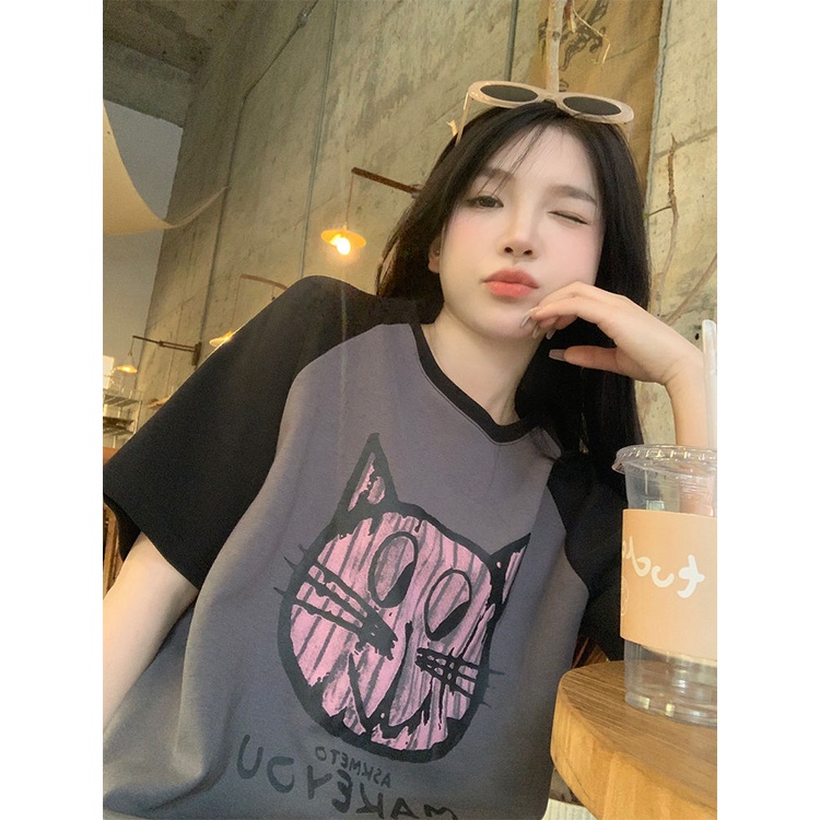 Áo Thun Raglan Tay Ngắn In Họa Tiết Hoạt Hình Phong Cách Hàn Quốc Thời Trang Mùa Hè Cho Nữ