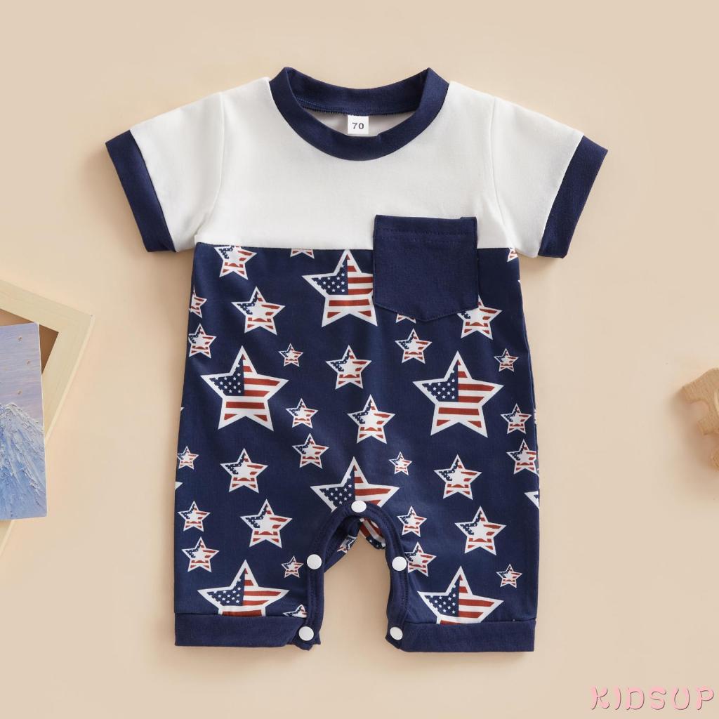 Kidsup1-bộ Áo Liền Quần Ngắn Tay Cổ Tròn In Hình Ngôi Sao / Kẻ Sọc Mùa Hè Cho Bé Trai