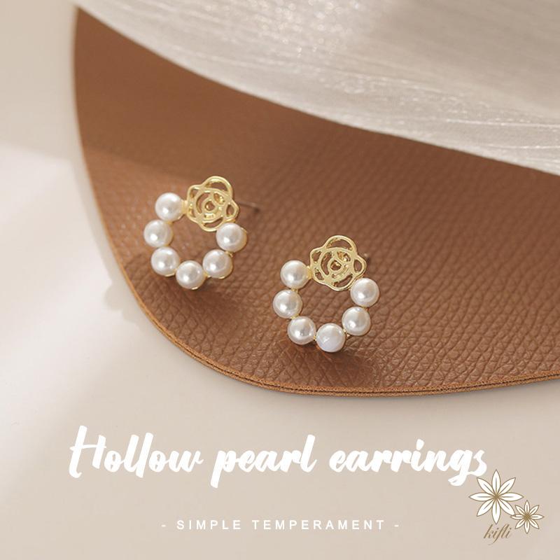 Bông tai khuyên tai bạc nữ đính ngọc trai thời trang Hàn Quốc Pha lê Nơ hồng Hoa tai hình cho phụ nữ Quà tặng phụ kiện trang sức