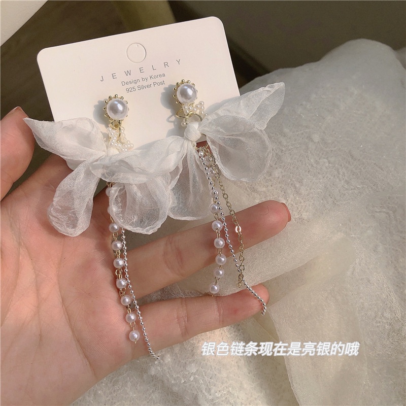 Đôi Bông Tai Dáng Dài Trang Trí Nơ Đính Ngọc Trai Thời Trang Cho Nữ