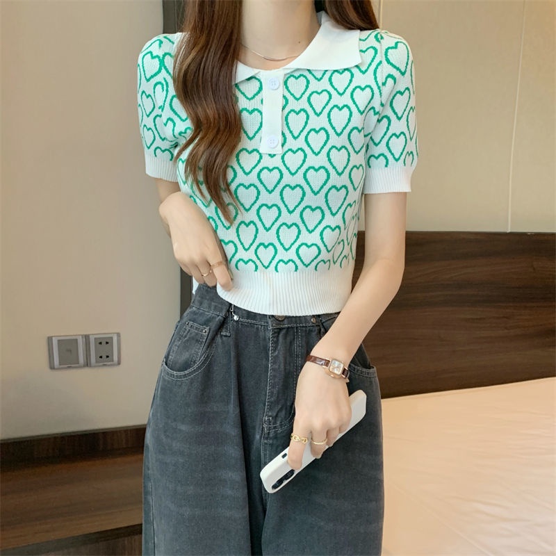 Áo polo Dệt Kim Tay Ngắn In Hình Trái Tim Dễ Thương Cho Nữ