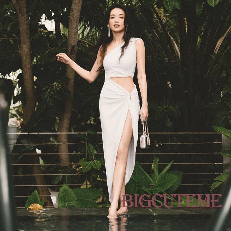 [] - Đầm Dài Dáng Ôm Không Tay Xẻ Tà Hở Vai Màu Trơn Mùa Hè Dành Cho Nữ