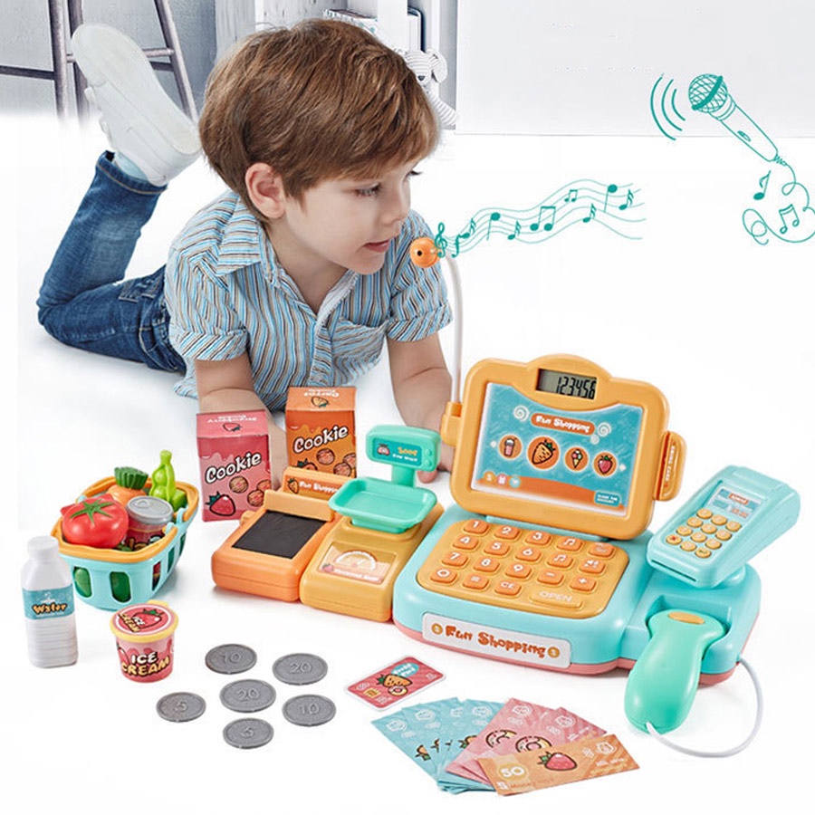 Giả vờ chơi siêu thị cửa hàng tạp hóa mua sắm máy tính tiền playset micrô máy tính đồ chơi giáo dục cho bé trai bé gái