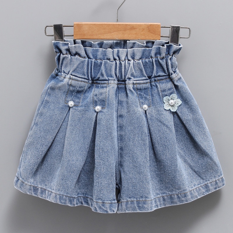 Quần short denim IQ ANGEL xếp nếp phong cách Hàn Quốc thời trang mùa hè cho nữ