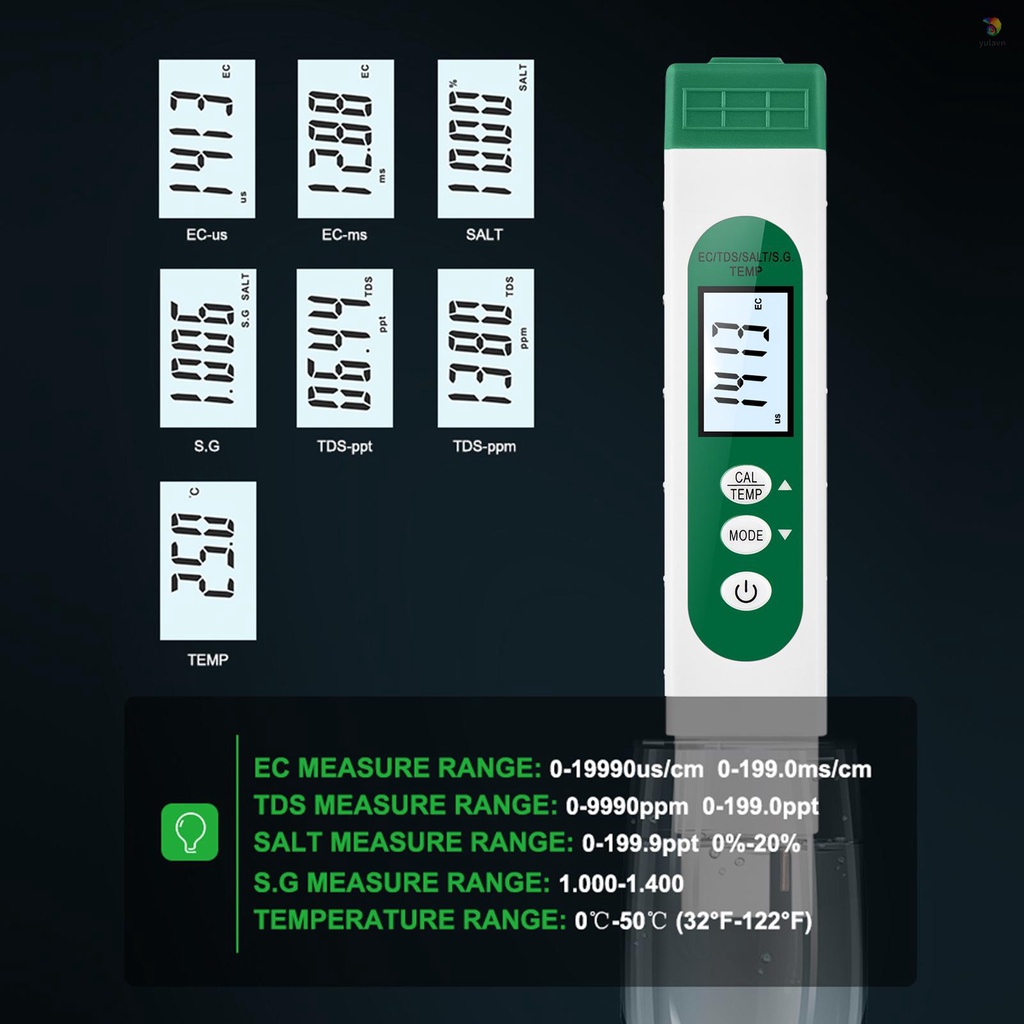 Bút Phân Tích Chất Lượng Nước 5 Trong 1 EC / TDS / S.G / Muối / Nhiệt Độ Nước Kỹ Thuật Số LCD Cho Gia Đình Aquariu