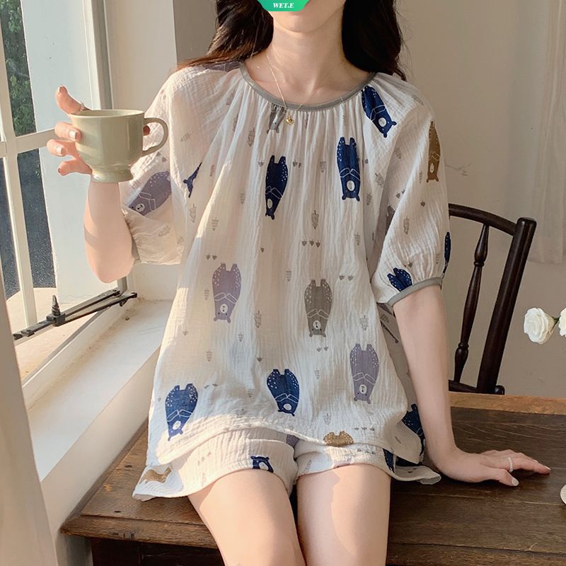Bộ Đồ Ngủ Tay Ngắn Cổ Tròn In Hình Gấu Dễ Thương Thời Trang Mùa Hè 2023 Phong Cách Nhật Bản Cho Nữ