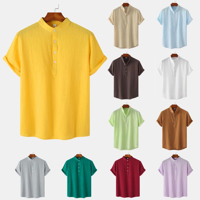 Áo Thun Polo cotton Linen Tay Ngắn Cổ Đứng Màu Trơn Cài Nút Nửa Màu Nâu / Kaki / Xanh Lá Nhạt / Cà Phê / Trắng / Đen Cơ Bản Cho Nam