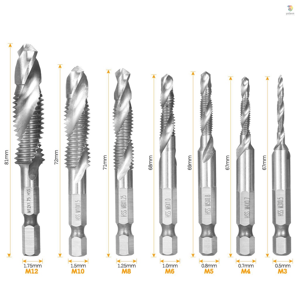 Bộ 7 Mũi Khoan Và Vít HSS M3-M12 Thay Đổi Nhanh 1 / 4in Tiện Lợi