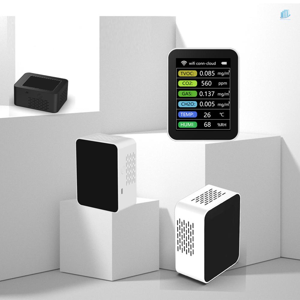 Thiết Bị Dò Chất Lượng Không Khí Di Động 6 Trong 1 TVOC CO2 Gases CH2O Để Bàn Cho Nhà Ở / Văn Phòng