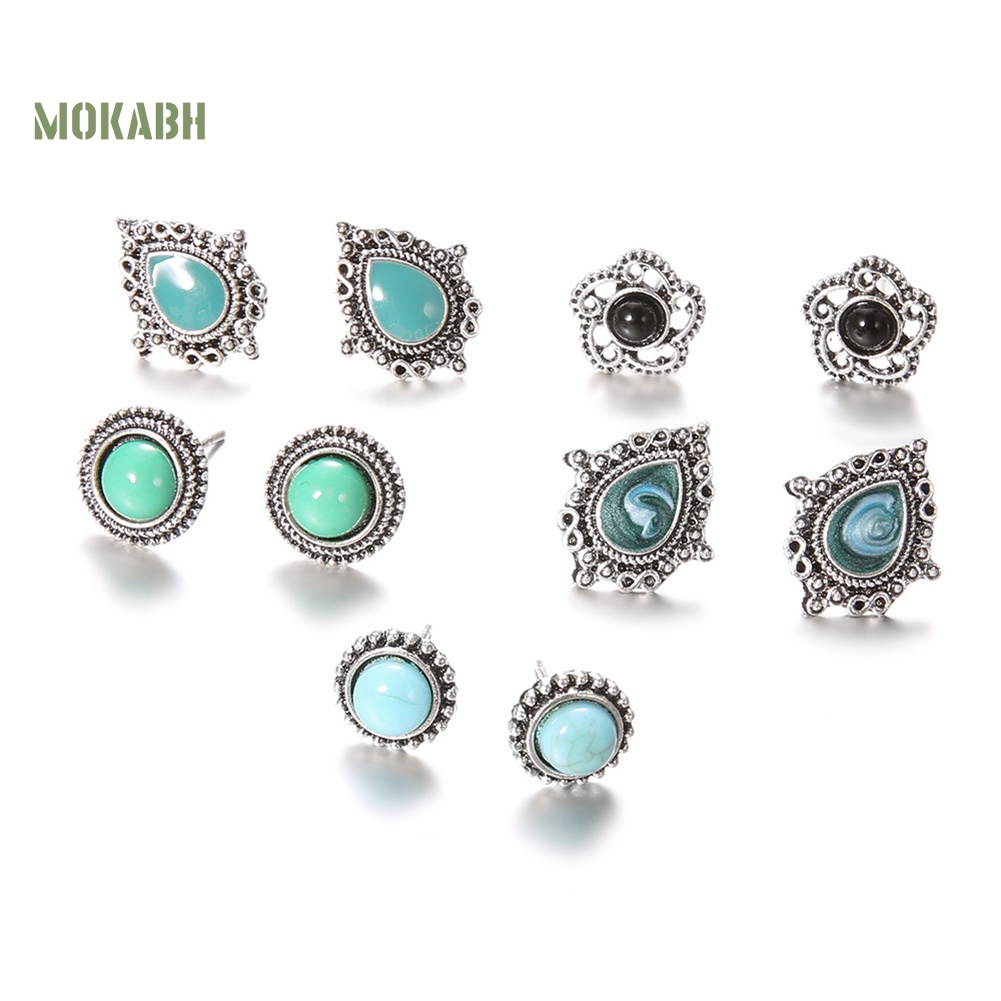 Set 5 Đôi Khuyên Tai Đính Đá Ngọc Lam Nhân Tạo Hình Giọt Nước Phong Cách Bohemia Dành Cho Nữ