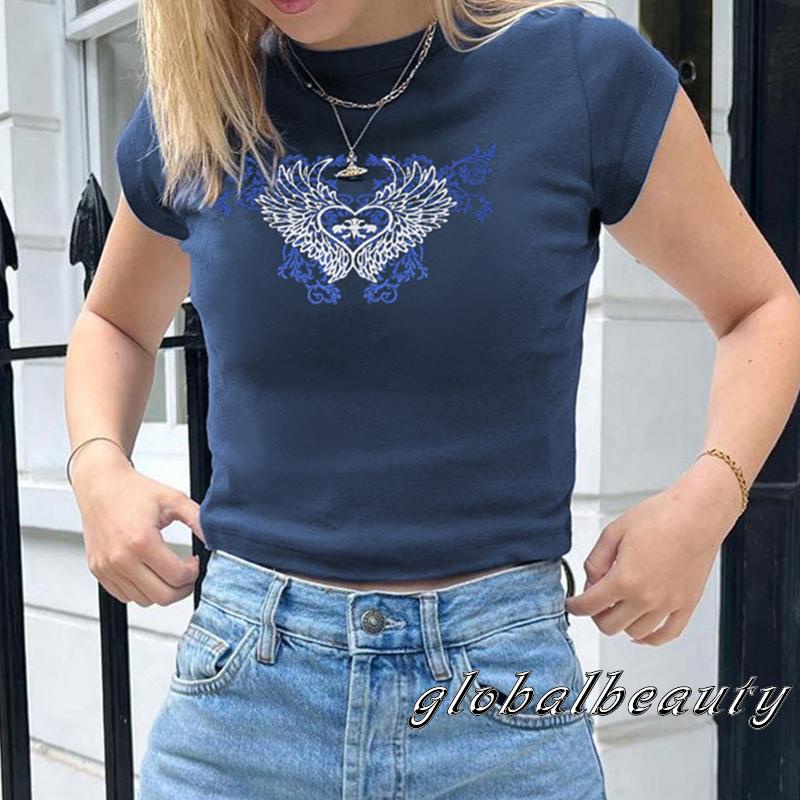 Áo Thun Tay Ngắn Cổ Tròn In Hình Cánh Thiên Thần Và Trái Tim Thời Trang Mùa Hè Cho Nữ
