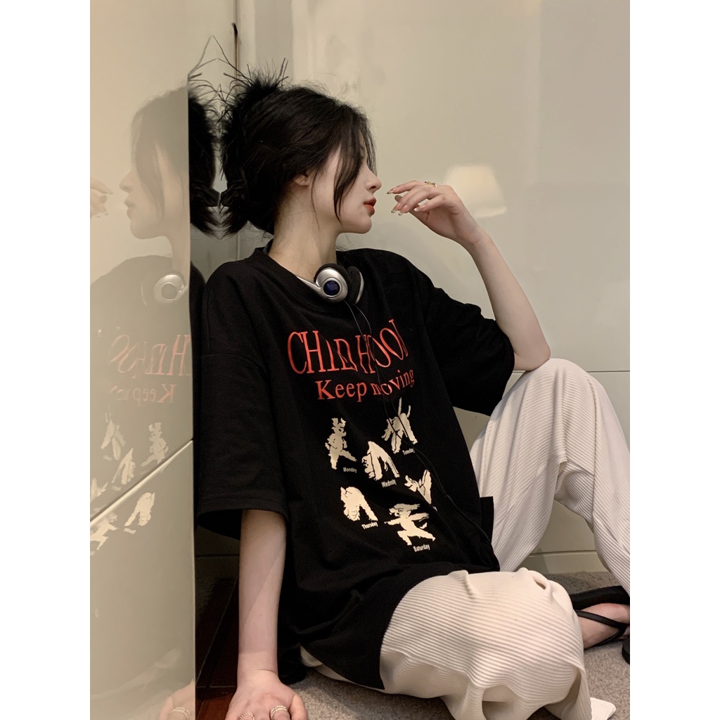 Áo Thun Tay Ngắn Dáng Rộng In Họa Tiết Hoạt Hình &amp; Chữ Cái Độc Đáo Thời Trang Cho Nữ