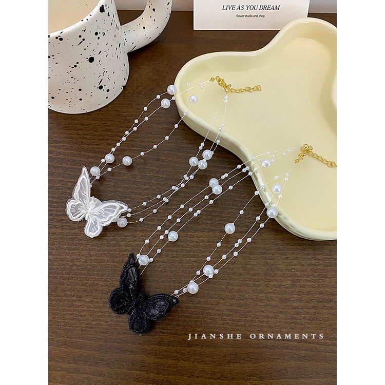 Vòng Cổ choker Thiết Kế Chuỗi Ngọc Trai Hình Bướm Phong Cách Retro Pháp Cho Nữ
