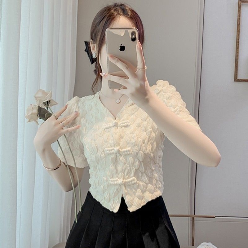 Áo Sơ Mi Tay Ngắn Phồng Màu Sắc Đơn Giản Phong Cách Retro