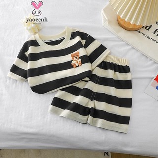 【YAOEENH】Set Áo Thun Kẻ Sọc + Quần Short Họa Tiết Hoạt Hình Phong Cách Hàn Quốc Cho Bé 80-130cm