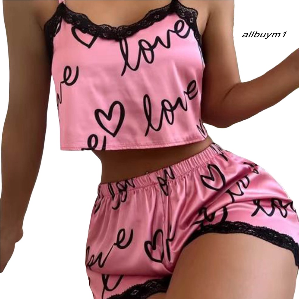 1 Bộ Đồ Ngủ Hai Dây Phối Ren Hở Lưng In Chữ Cho Nữ