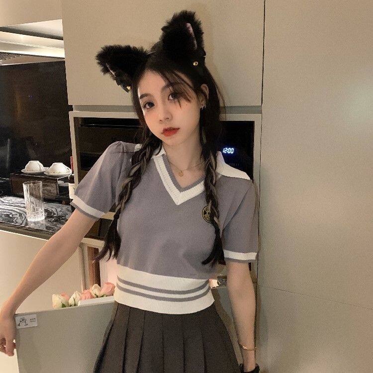 IELGY  Áo Thun Ngắn Tay Cổ Chữ V Màu Sắc Thời Trang Cho Nữ