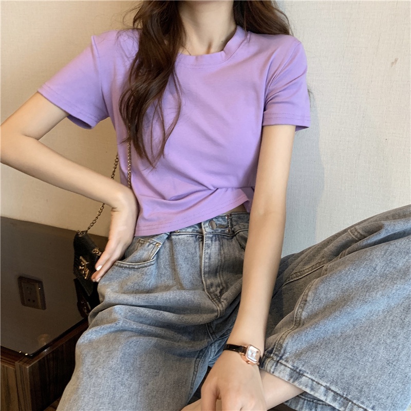 NZN Áo Thun crop top Tay Ngắn Màu Trơn Cổ Tròn Thời Trang Cho Nữ