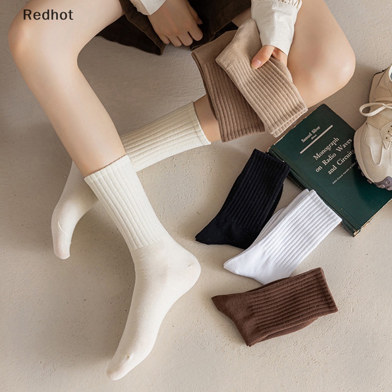 &lt; Redhot &gt; Vớ Cotton Cổ Vừa Màu Trắng Đen Phong Cách Retro Nhật Hàn Thời Trang Thu Đông Dành Cho Học Sinh