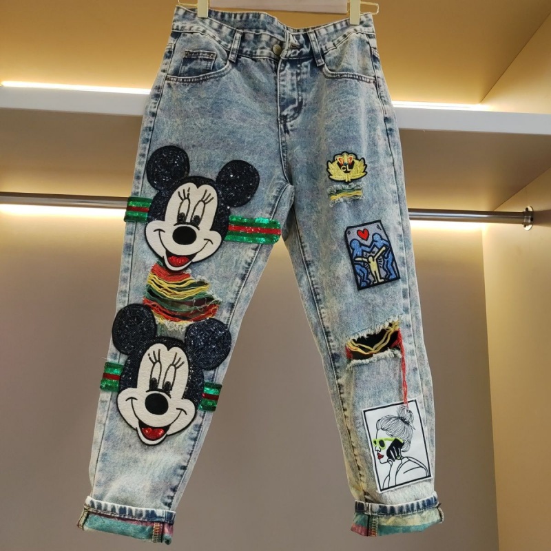 Quần Jean Rách Dáng Rộng Họa Tiết Hoạt Hình Cầu Vồng Thời Trang Cho Nữ