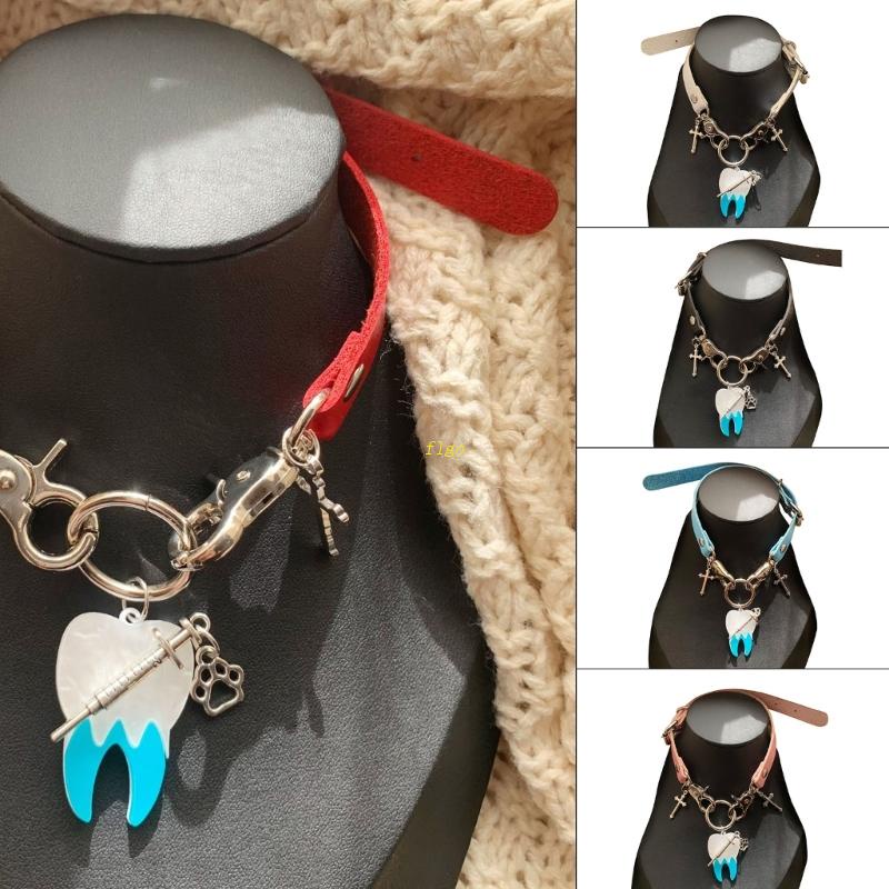 Flgo Vòng Cổ Dây Xích Răng To Bằng Da Phong Cách Harajuku Đơn Giản Cho Nữ