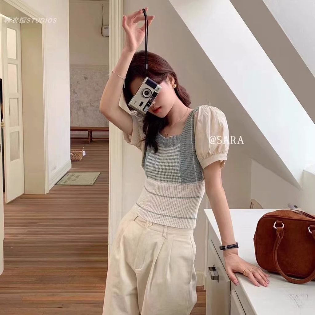 Áo Dệt Kim Tay Phồng Ngắn Cổ Vuông Họa Tiết Kẻ Sọc Thời Trang Mùa Hè Phong Cách Hàn Quốc Cho Nữ