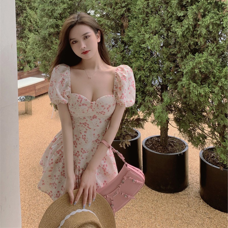 Đầm hoa vỡ nữ Bong bóng tay áo Pháp vuông cổ ngắn tay áo váy mùa hè khí chất váy ngắn  HZFWC0817