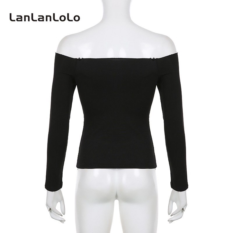 Áo thun LanLanLoLo tay dài dáng ôm trễ vai màu trơn quyến rũ 2023 cho nữ