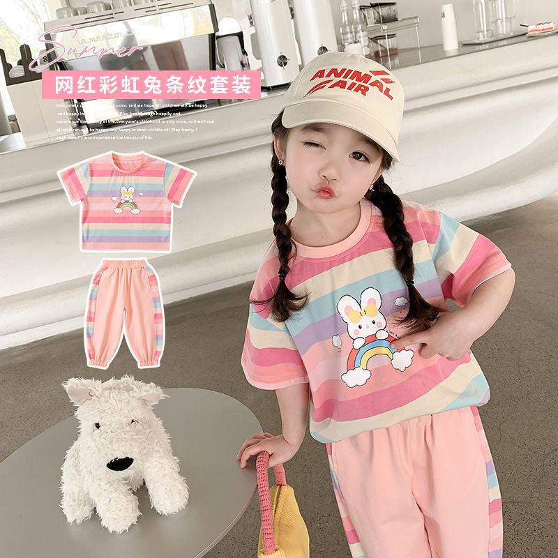 Set Đồ Thể Thao Mùa Hè Gồm Áo Tay Cộc Dáng Rộng Và Quần Dài Cho Bé Gái