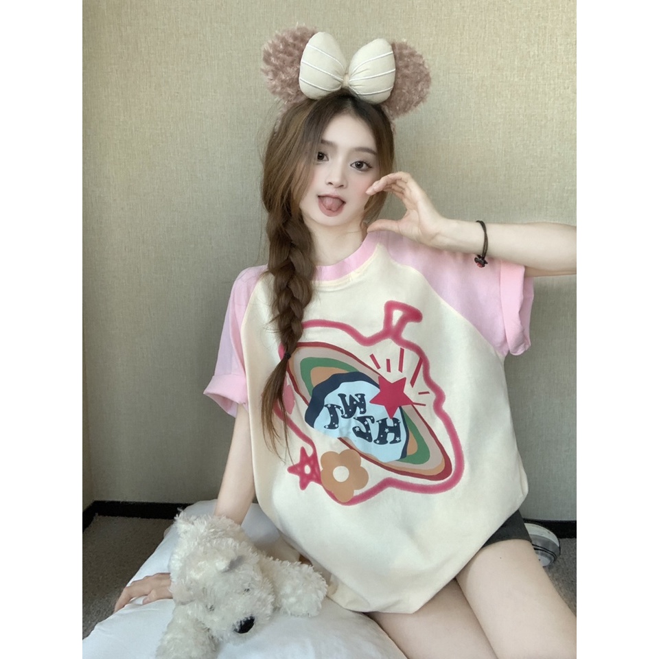 Áo Thun Tay Ngắn Dáng Rộng In Hình Hành Tinh Màu Sắc Đơn Giản Thời Trang Mùa Hè Năng Động