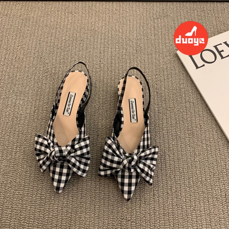 Duoya Giày Sandal Mũi Nhọn Gót Dày Đính Nơ Họa Tiết Chấm Bi Xinh Xắn