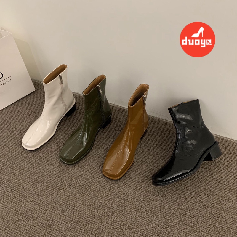 Duoya Tóc Thẳng ~ [Phong Cách Retro] Giày Bốt Martin Da Bóng Gót Vừa Dày Mũi Vuông Phong Cách Anh Quốc