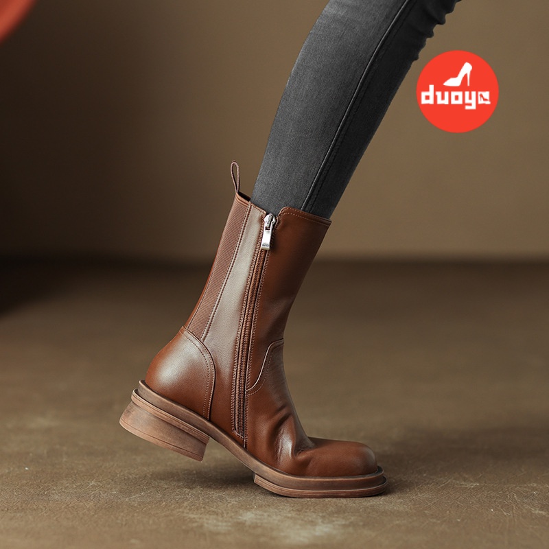 Giày Bốt Martin Da Thật Mũi Tròn Gót Dày Phối Khóa Kéo Bên Hông Kiểu Anh Quốc Thời Trang Xuân Thu 2022