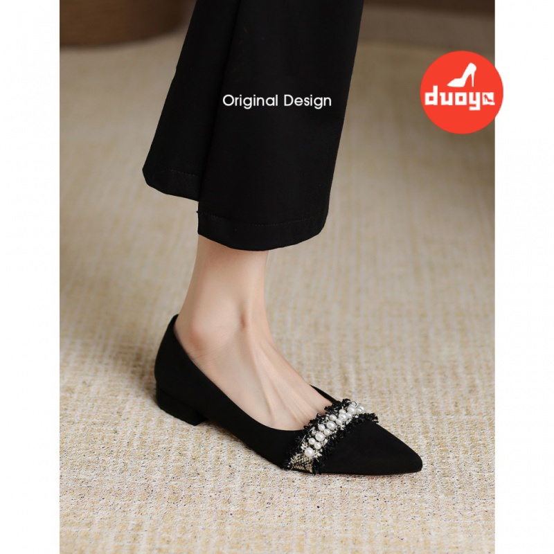 Duoya Tóc Thẳng ~ [Hàng Có Sẵn] Giày Búp Bê Mũi Nhọn Gót Thấp Dày Dặn Đính Ngọc Trai Thanh Lịch Cho Nữ Miễn Phí Vận Chuyển