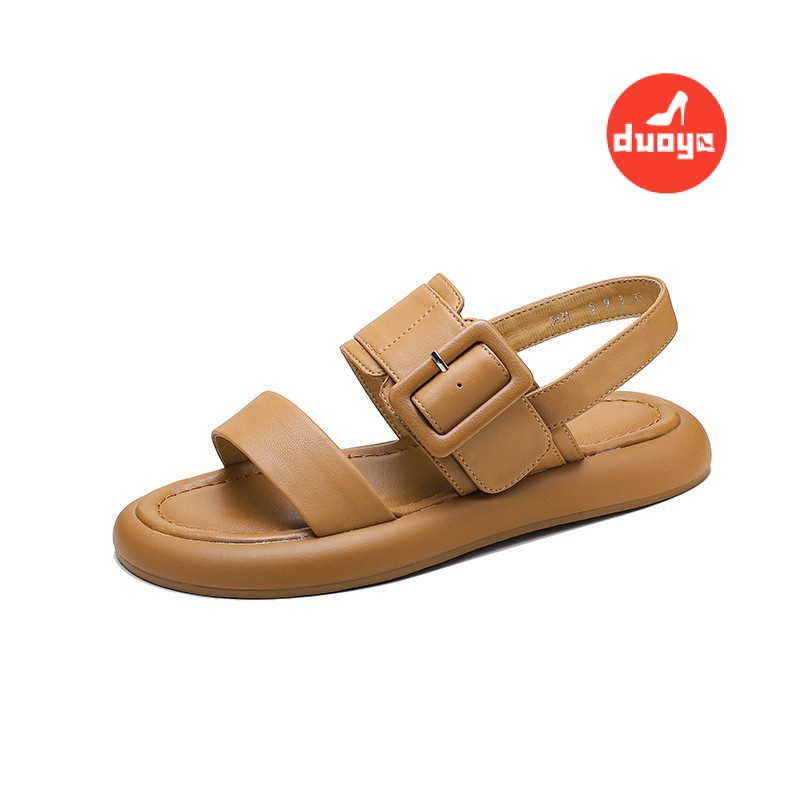 Duoya Tóc Thẳng ~ [Hàng Có Sẵn] Giày Sandal Đế Xuồng Dày Hở Ngón Bằng Da Thật Mềm Mại Có Khóa Thắt Lưng Thấp Mùa Xuân Hè Cho Nữ Miễn Phí