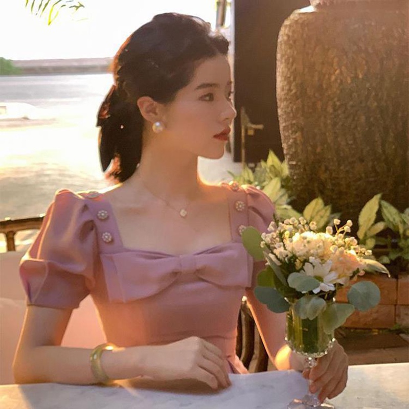 IELGY       Đầm Dài Cổ Vuông Thắt Nơ Eo Nhẹ Nhàng Khí Chất Phong Cách Pháp Cho Nữ