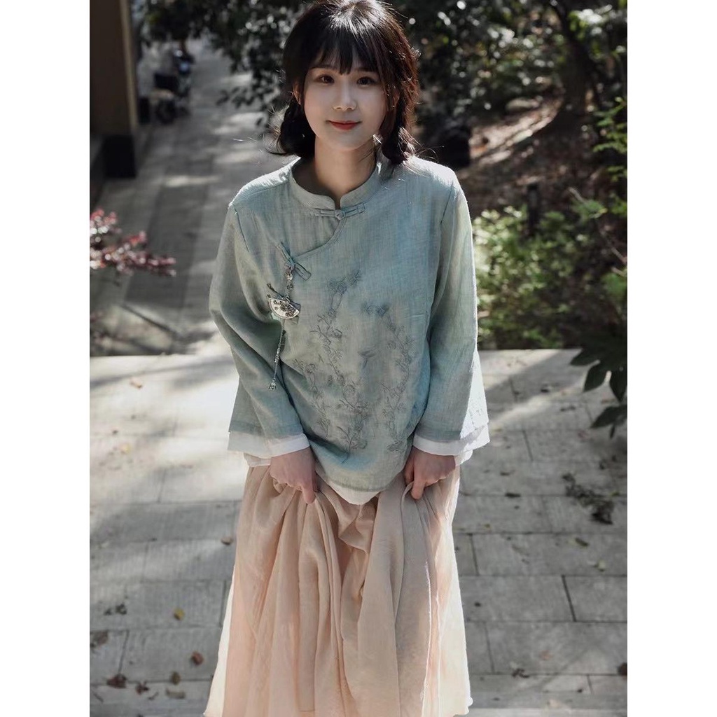 Đầm Sườn Xám Vải Lanh Cotton Hai Lớp Cài Khóa Cỡ Lớn Phong Cách Phật Giáo Cổ Điển Cho Nữ