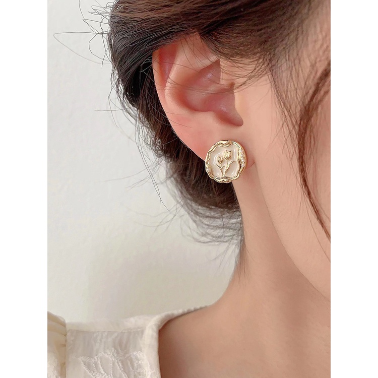 Bông Tai Hình Hoa Tulip Đính Ngọc Trai Nhân Tạo Sang Trọng Thời Trang Cho Nữ