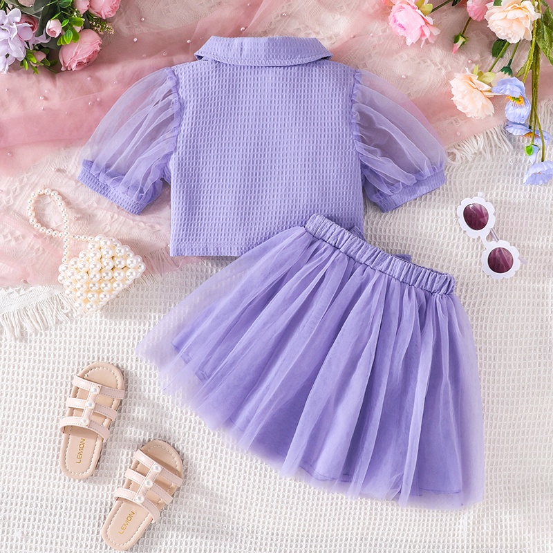 Combo bộ đồ bé gái 4-7 Tuổi Ren áo sơ mi Chân Váy Tulle Màu Tím set mùa hè Xinh Xắn thời trang cho bé trẻ em