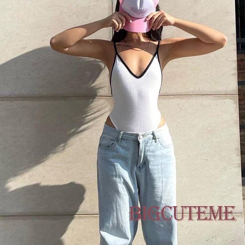 Áo Liền Quần Hai Dây Cổ Chữ V Hở Lưng Màu Sắc Thời Trang Đường Phố Mùa Hè Dành Cho Bạn Nữ