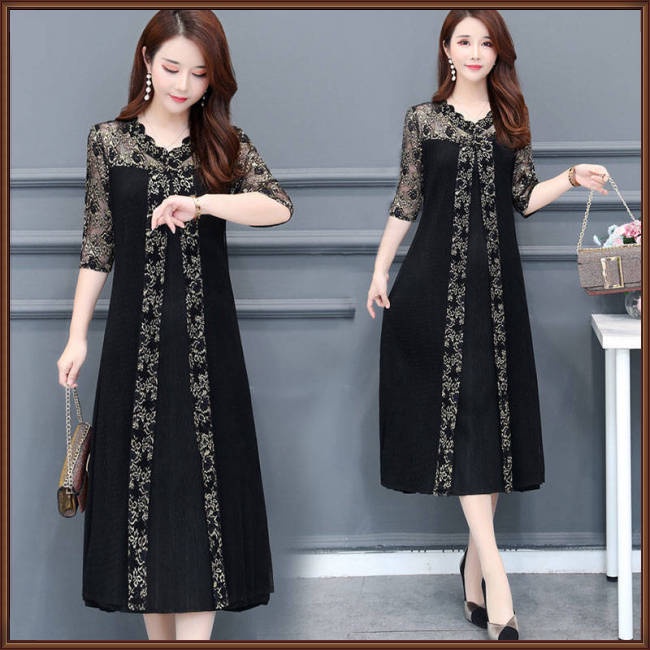 Đầm Dáng Rộng Cổ Chữ V Phối Lưới In Họa Tiết Xinh Xắn Thời Trang Cho Nữ