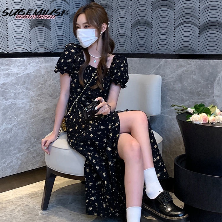 Đầm Hoa Cổ Vuông Tay Phồng Màu Đen Xẻ Tà Thời Trang Hàn Quốc Cho Nữ