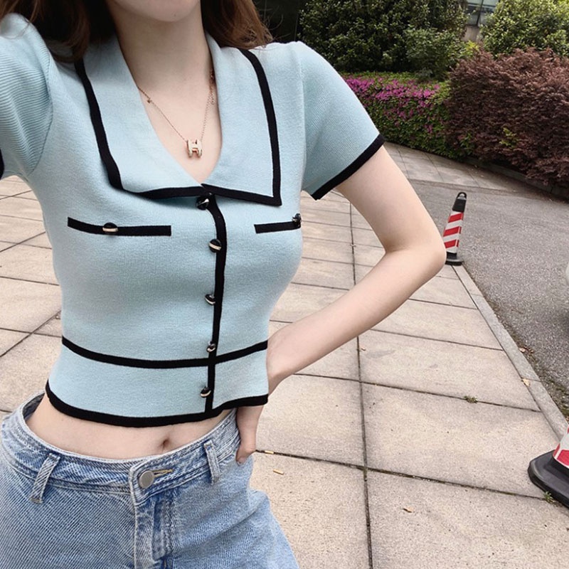 ESEA  Áo polo Dệt Kim Tay Ngắn Dáng Rộng Màu Trắng Thời Trang Mùa Hè Hàng Mới Dành Cho Bạn Nữ