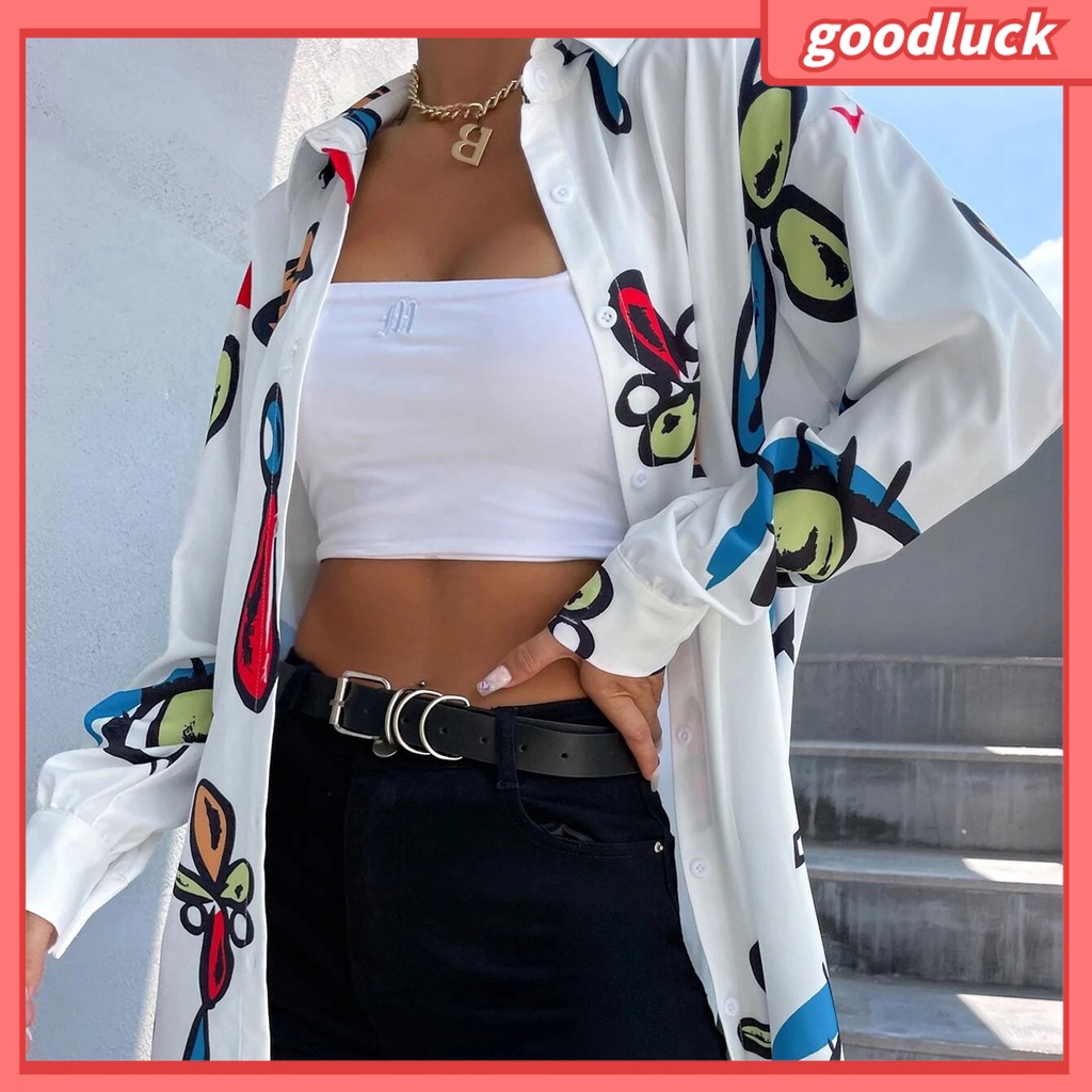 [ULK] Áo Sơ Mi Dài Tay Một Hàng Nút In Hình Đôi Mắt Thời Trang Dài Ngang Bắp Chân Cho Nữ