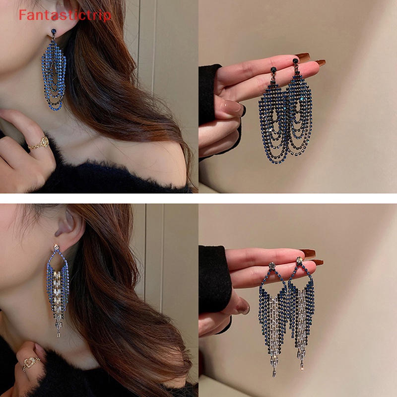 [Fantastictrip] Bông Tai Kim Bạc Dáng Dài Đính Đá Thời Trang Dành Cho Nữ