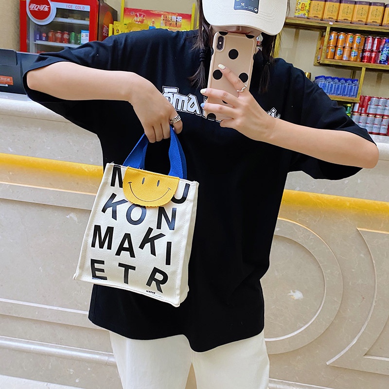 Túi Đựng Hộp Cơm Trưa Xách Tay Vải Bố In Hình Mặt Cười Nhỏ Nhắn Thời Trang 2023 18X