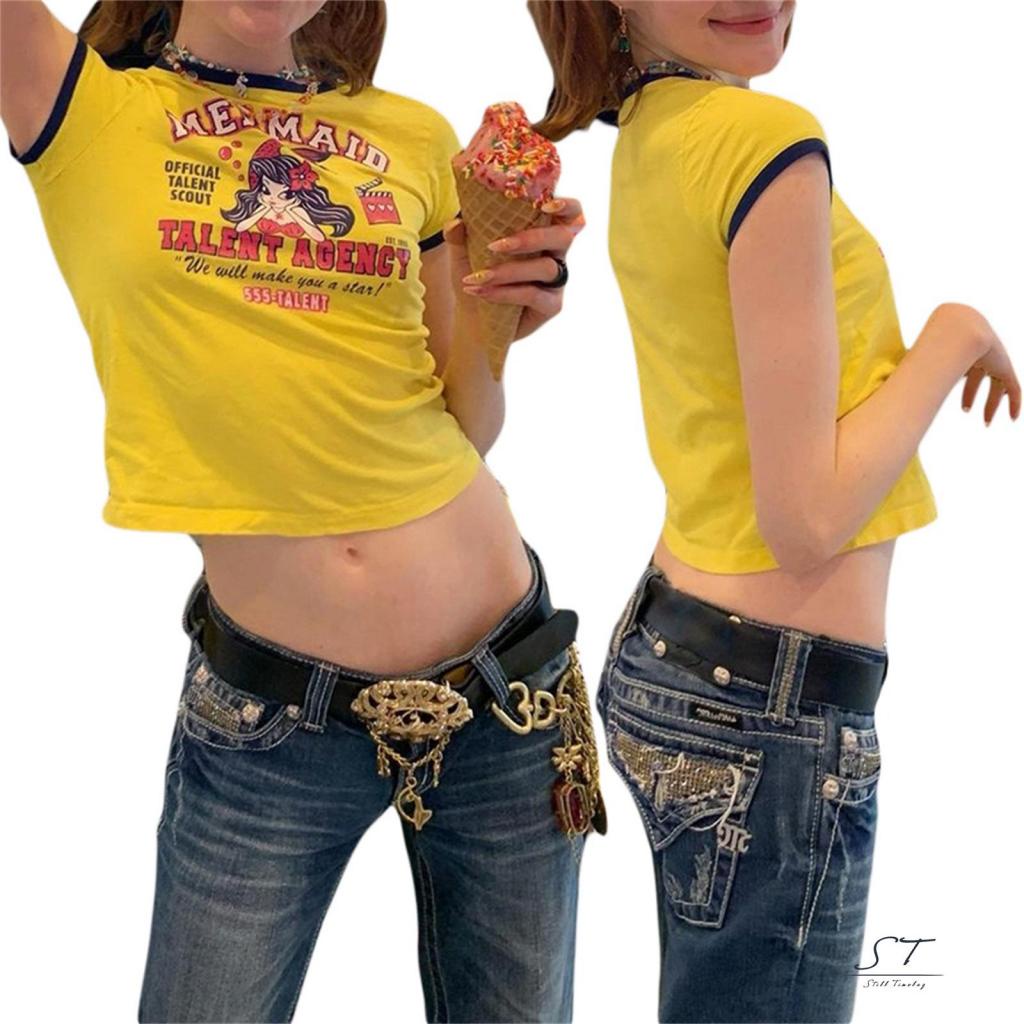 Áo Thun Tay Ngắn Cổ Tròn In Chữ Phối Màu Tương Phản Thời Trang Mùa Hè Xinh Xắn Cho Nữ