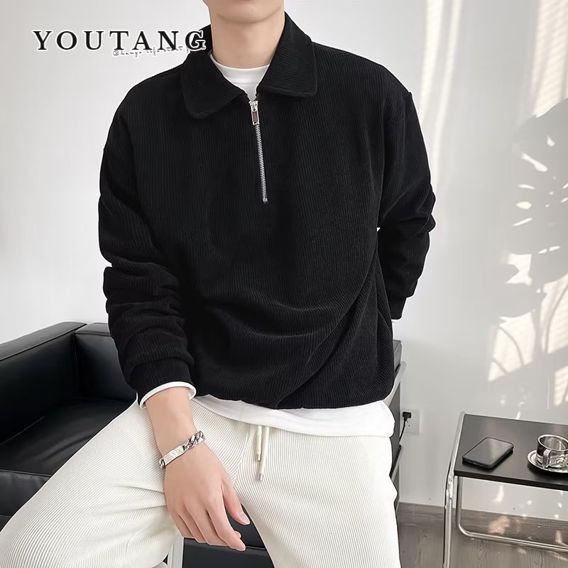 Áo sweater nam YOUTANG cổ polo dáng rộng màu trơn phối khóa kéo thời trang Hàn Quốc