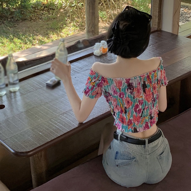 Áo Kiểu Hở Vai In Họa Tiết Hoa Phong Cách Hàn Quốc