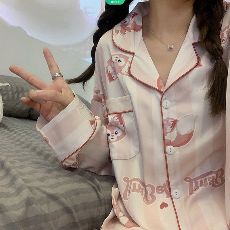 Bộ Đồ Ngủ Tay Dài Dáng Rộng In Họa Tiết Hoạt Hình Kiểu Hàn Quốc Thời Trang Xuân Thu Cho Nữ